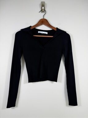 Bershka Black Rib Knit Collared Long Sleeve Cropped Sweater Top Size S